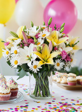 Birthday — colorful birthday flowers with candles and celebration decorations