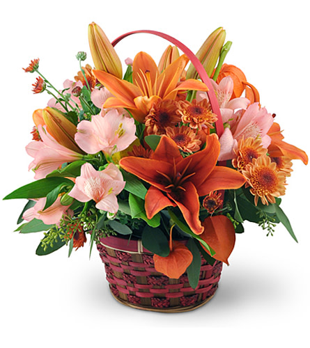 Sunset Basket. An arrangement by Avenue Flowers and Gifts. Capture their hearts with pink alstroemeria and orange Asiatic lilies arranged with...