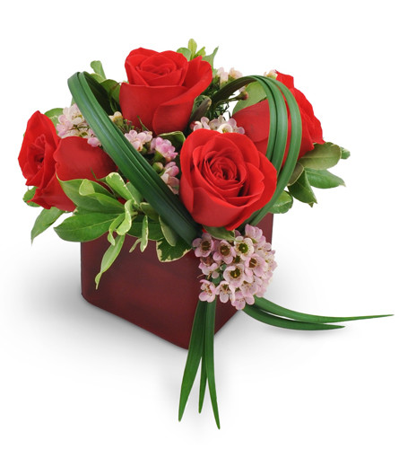 He Loves Me. An arrangement by Avenue Flowers and Gifts. Four stunning red roses are artistically arranged with delicate pink waxflower,...