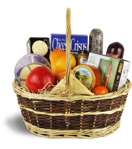 Warm Wishes Gourmet Basket. An arrangement by Avenue Flowers and Gifts. Treat them to an assortment of fruit, plus a wide selection of cheeses,...