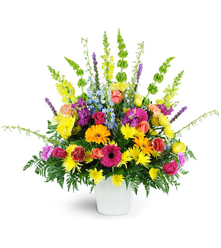 Bright Memories. An arrangement by Avenue Flowers and Gifts. A vibrant mixture of Gerbera daisies, snapdragons, fuji poms, roses, and more..
