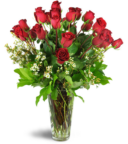 Lavish Devotion™. An arrangement by Avenue Flowers and Gifts. Twenty-eight red roses are displayed with waxflower and fresh greenery in a tapered...